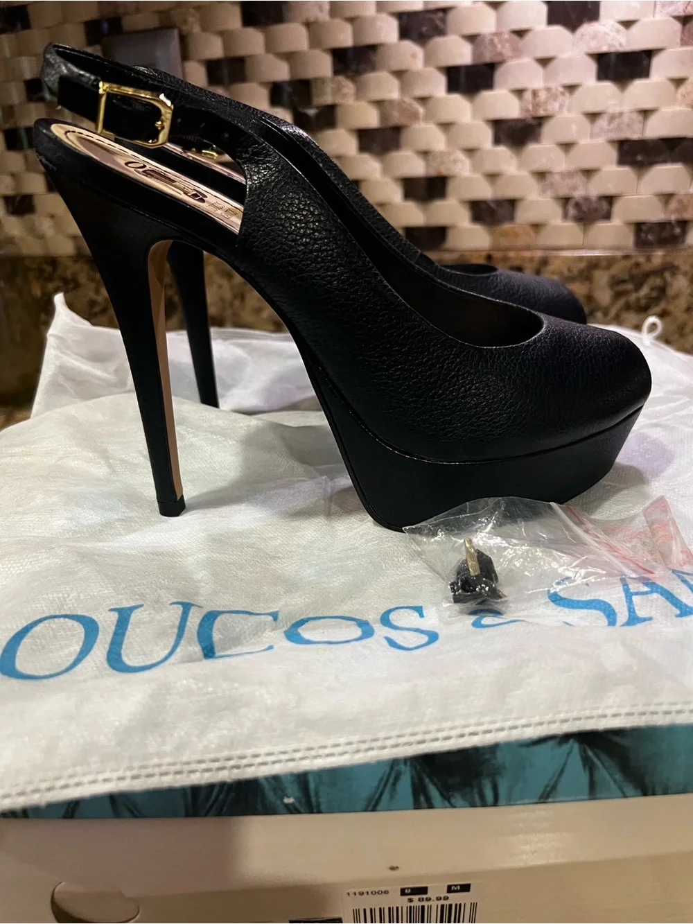 Navy Leather Platform Slingback Heels